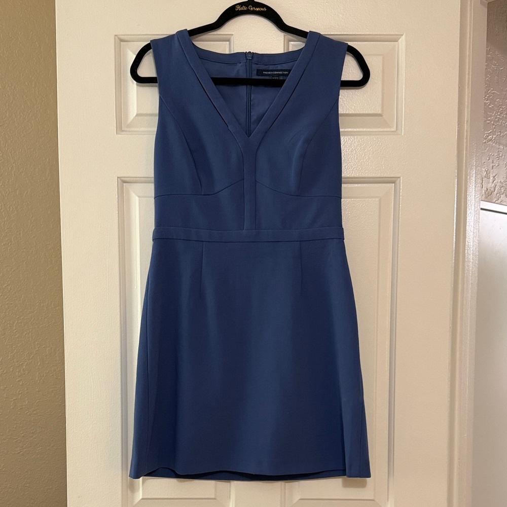 French Connection Slate Blue V-Neck Mini Sheath Dress